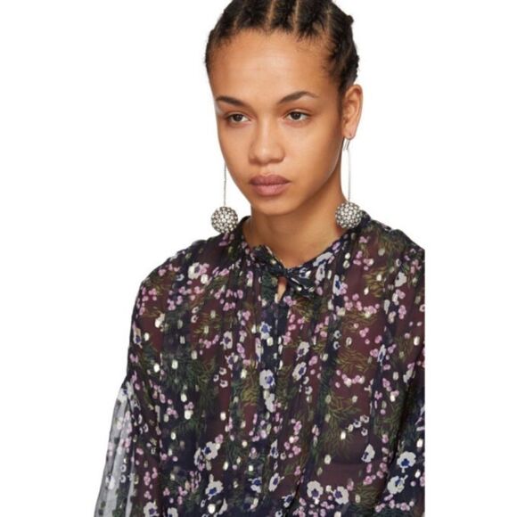 Isabel Marant Mia Silk Blue Midnight Blouse Floral Long Sleeve Size 4 - Picture 2 of 13